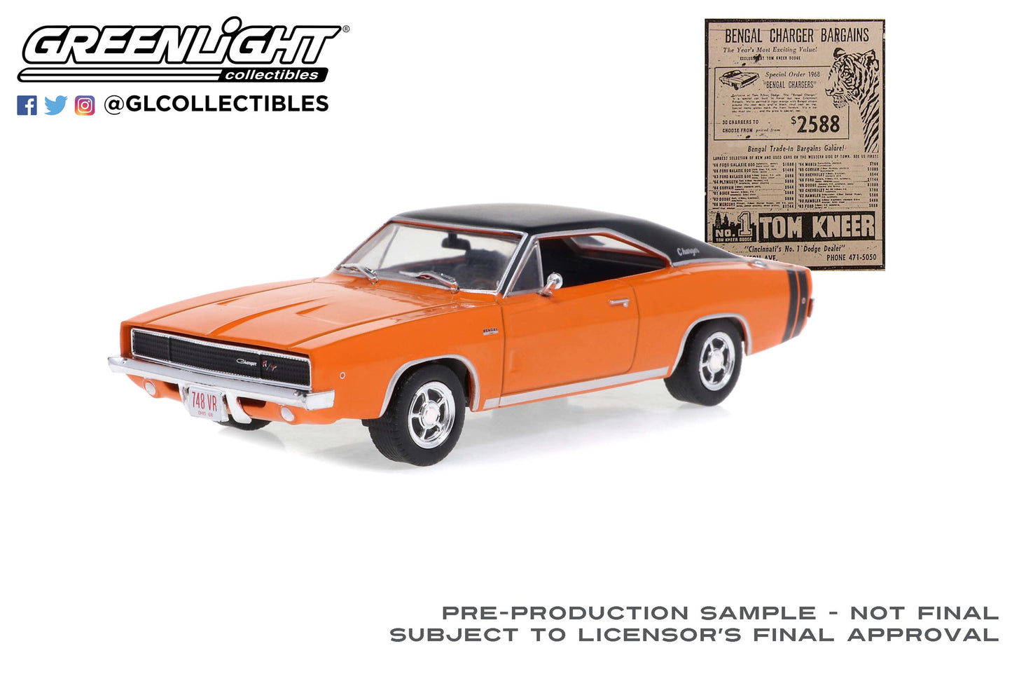 GreenLight 1:43 1968 Dodge Bengal Charger R/T - Orange with Black Stripes - Tom Kneer Dodge, Cincinnati, Ohio - 1 of 50 Produced 86354