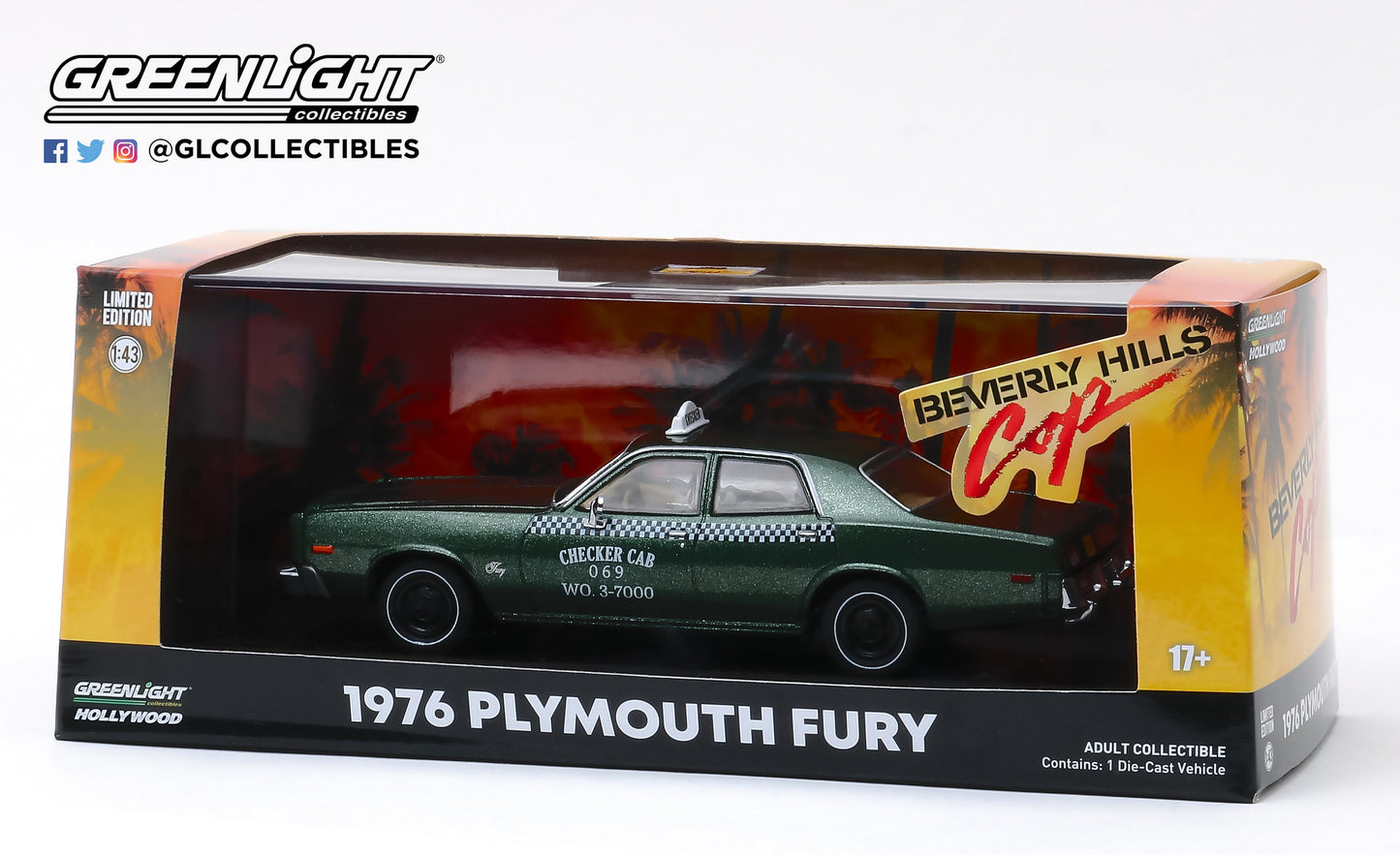GreenLight 1:43 Beverly Hills Cop (1984) - 1976 Plymouth Fury Checker Cab 069 WO. 3-7000 86566