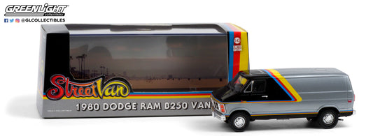 GreenLight 1:43 1980 Dodge Ram B250 Van - Silver and Black with Yellow, Red and Blue Stripes 86600