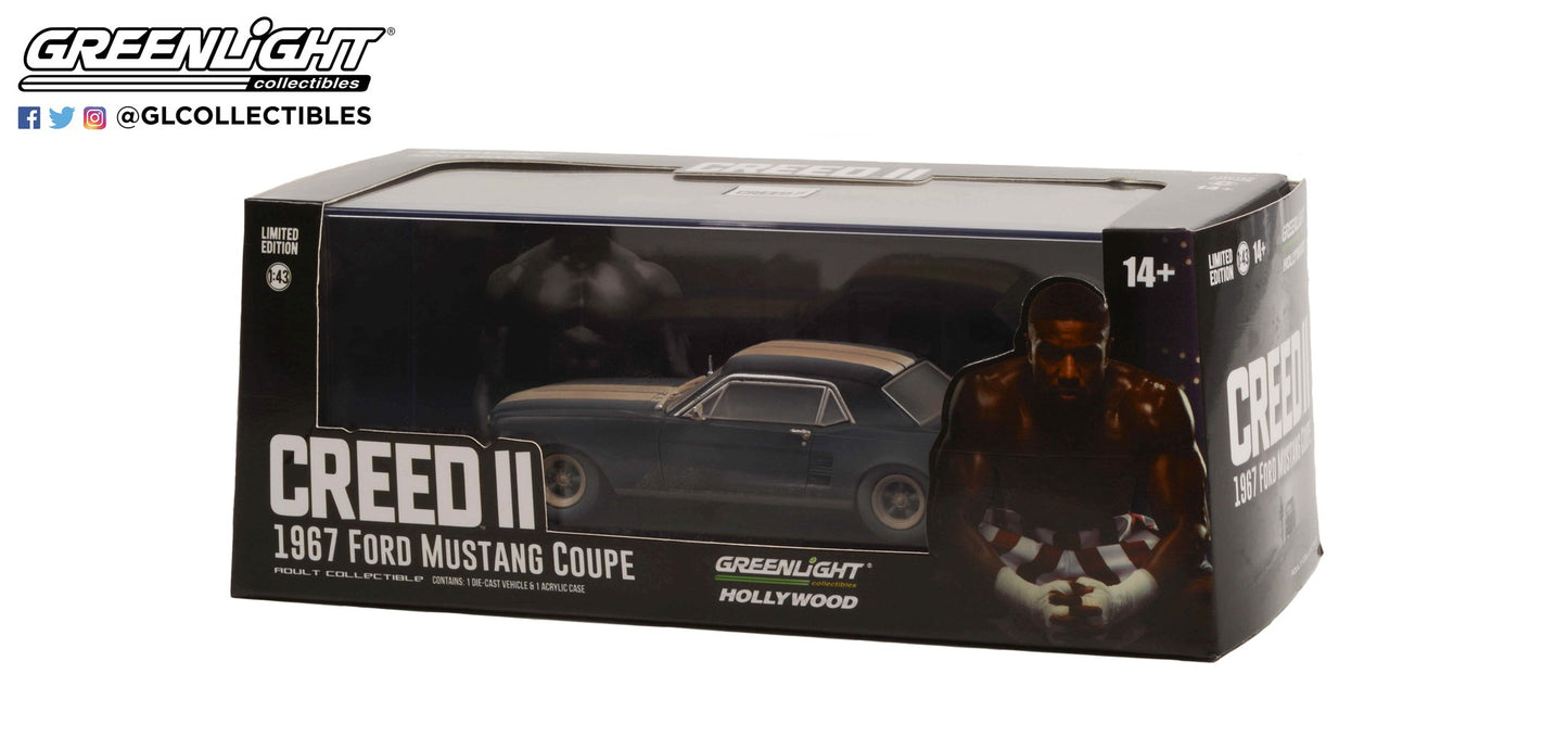 GreenLight 1:43 Creed II (2018) - Adonis Creed s 1967 Ford Mustang Coupe - Matte Black with White Stripes (Weathered) 86621