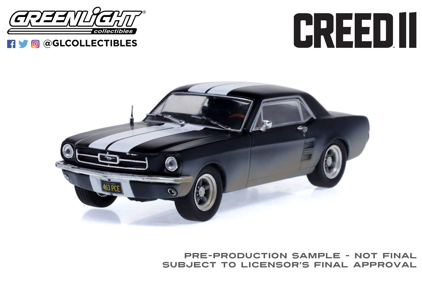 GreenLight 1:43 Creed II (2018) - Adonis Creed s 1967 Ford Mustang Coupe - Matte Black with White Stripes (Weathered) 86621