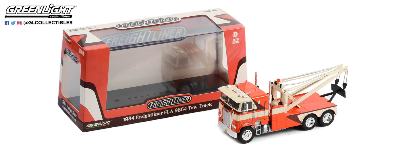 GreenLight 1:43 1984 Freightliner FLA 9664 Tow Truck - Orange, White and Brown 86631