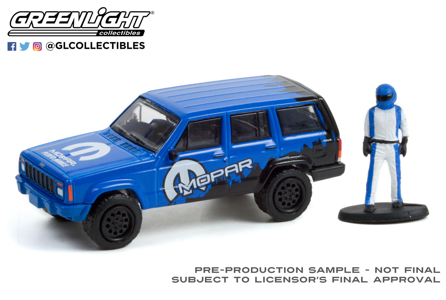 GreenLight 1:64 The Hobby Shop Series 12 - 2001 Jeep Cherokee Sport MOPAR Off-Road with Race Car Driver 97120-E