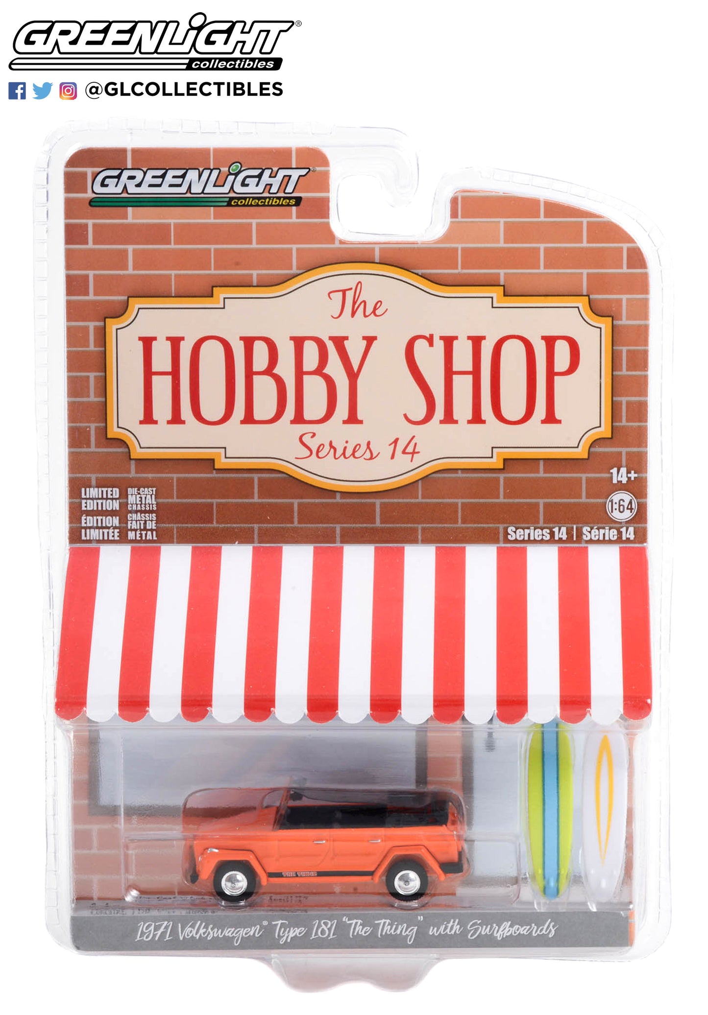 GreenLight 1:64 The Hobby Shop Series 14 - 1971 Volkswagen Thing (Type 181) The Thing with Surfboards 97140-C