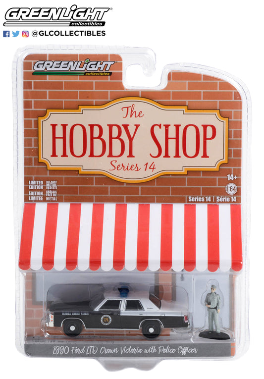 GreenLight 1:64 The Hobby Shop Series 14 - 1990 Ford LTD Crown Victoria - Florida Marine Patrol with Police Officer 97140-D