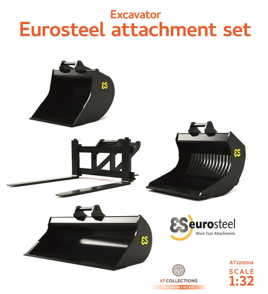 AT Collections 1/32 Eurosteel Excavator Accessory Set (3 Buckets and Pallet Fork) suitable for Volvo EWR150E wheeled excavator AT3200104