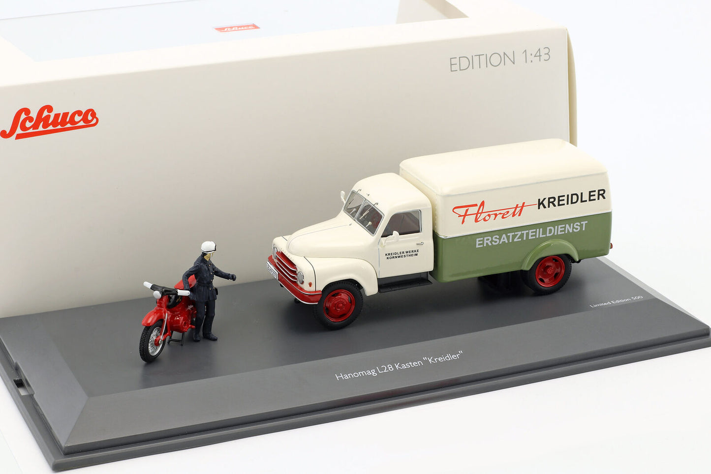 Schuco 1/43 Hanomag L28 Kreidler with Kreidler Florett and driver 450292900