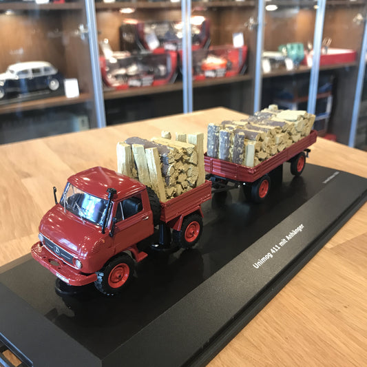Schuco 1/43 Unimog U411 With Trailer And Wood 450312900