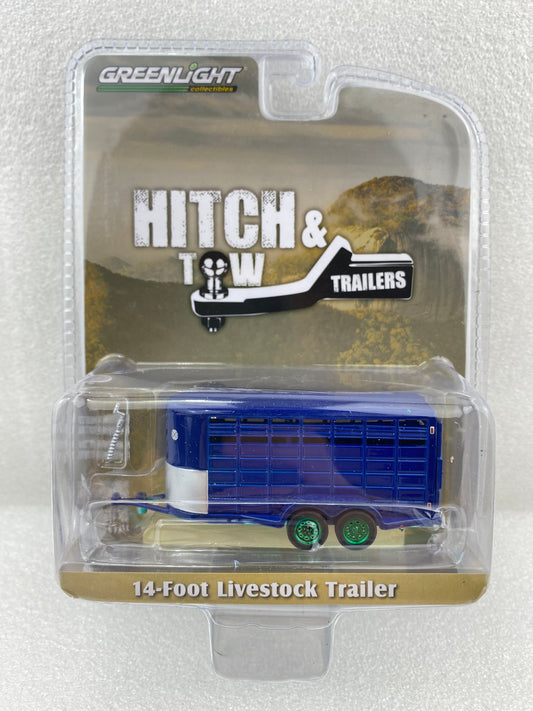 GreenLight Green Machine 1:64 Hitch & Tow Trailers - 14-Foot Livestock Trailer - Dark Blue 30425