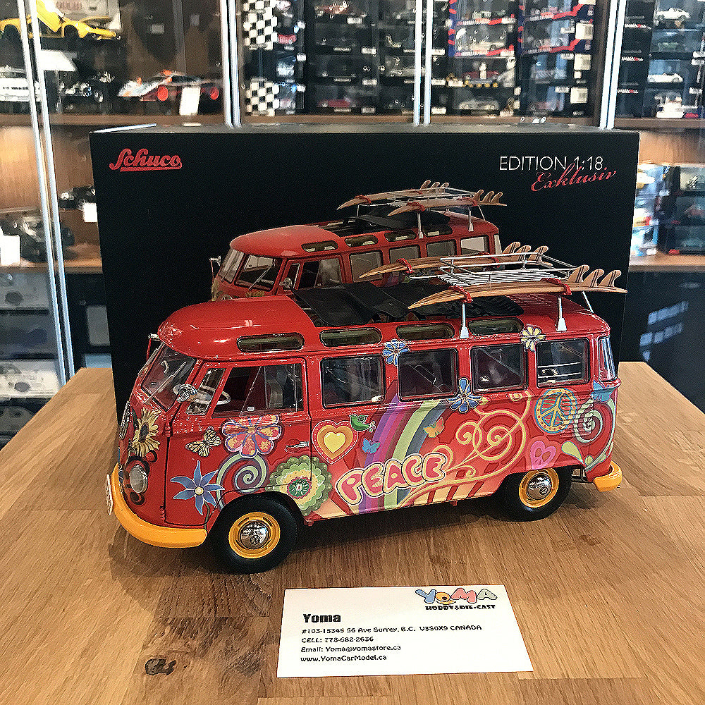 Schuco 1:18 Volkswagen T1 Samba "Hippie" with roof tracks and surfboards 450028300
