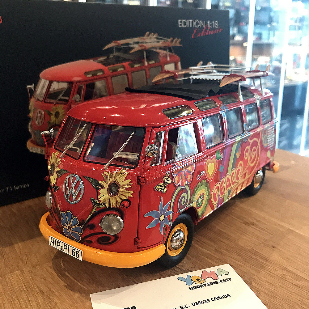 Schuco 1:18 Volkswagen T1 Samba "Hippie" with roof tracks and surfboards 450028300