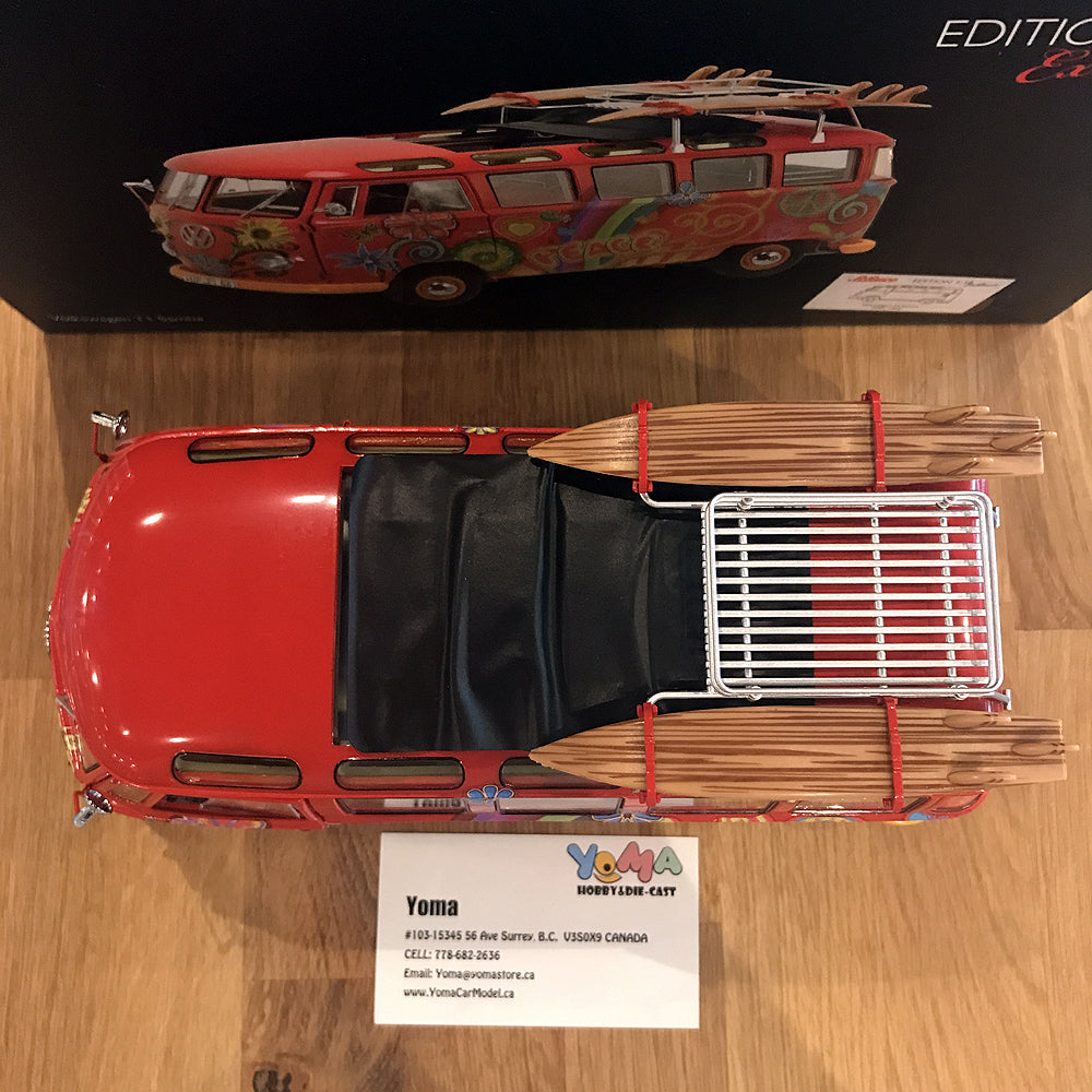 Schuco 1:18 Volkswagen T1 Samba "Hippie" with roof tracks and surfboards 450028300