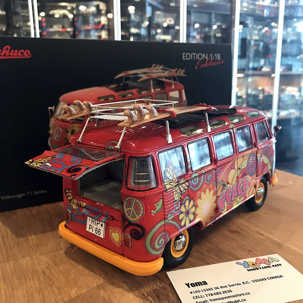 Schuco 1:18 Volkswagen T1 Samba "Hippie" with roof tracks and surfboards 450028300