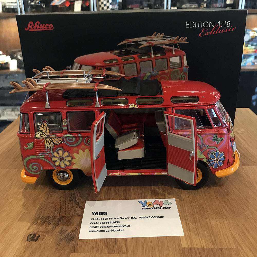 Schuco 1:18 Volkswagen T1 Samba "Hippie" with roof tracks and surfboards 450028300