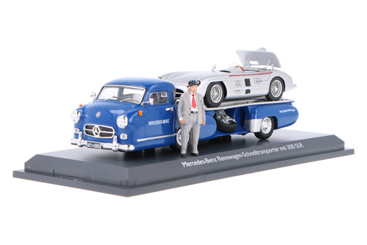 Schuco 1:43 Mercedes-Benz racing car express transporter Blue Wonder with 300 SLR Race director figure 450376800