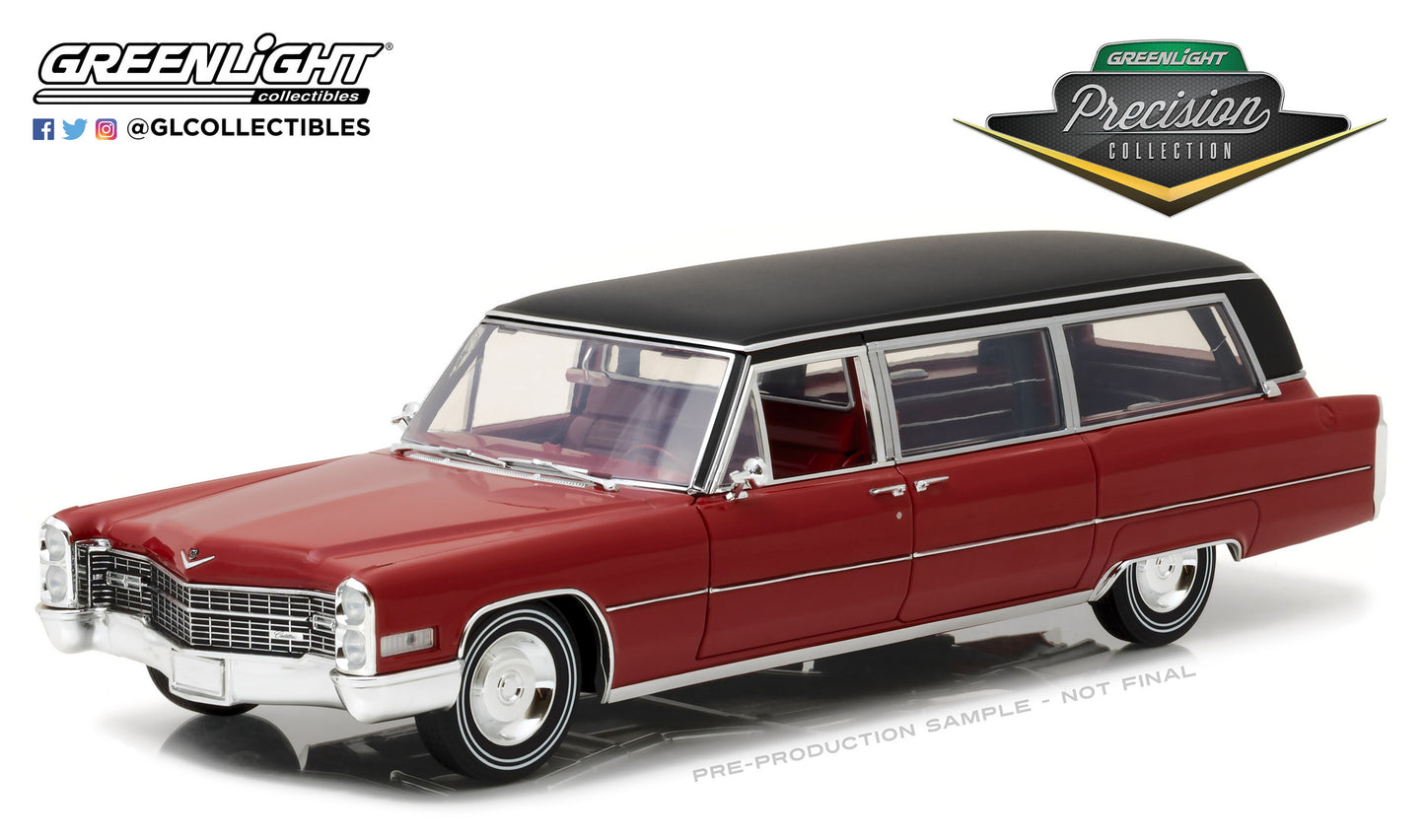 GreenLight 1/18 Precision Collection - 1:18 1966 Cadillac S&S Limousine - Red with Black Vinyl Roof PC-18008