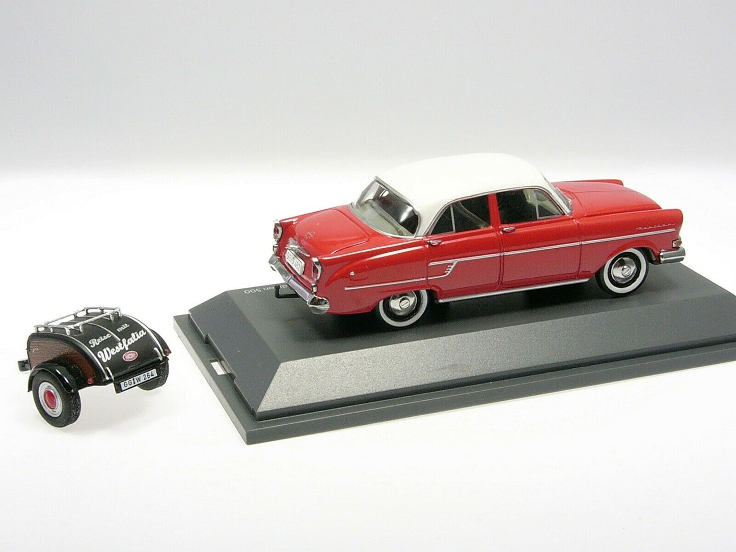 Schuco 1/43 Opel Kapitan with Westfalia trailer red-white 450264000