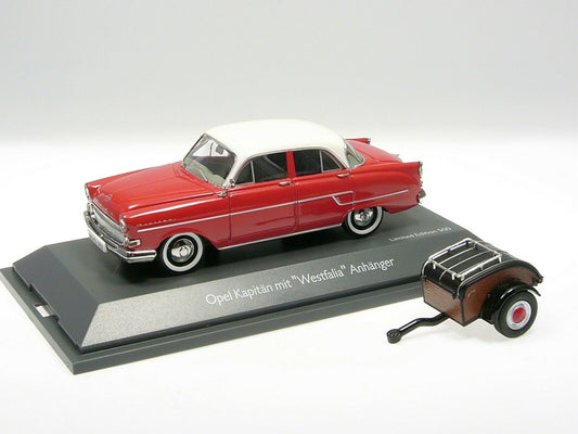 Schuco 1/43 Opel Kapitan with Westfalia trailer red-white 450264000