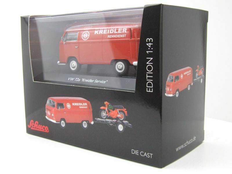 Schuco 1:43 Volkswagen T2a Kreidler-Service box van with bike trailer and Kreidler Florett 450334000