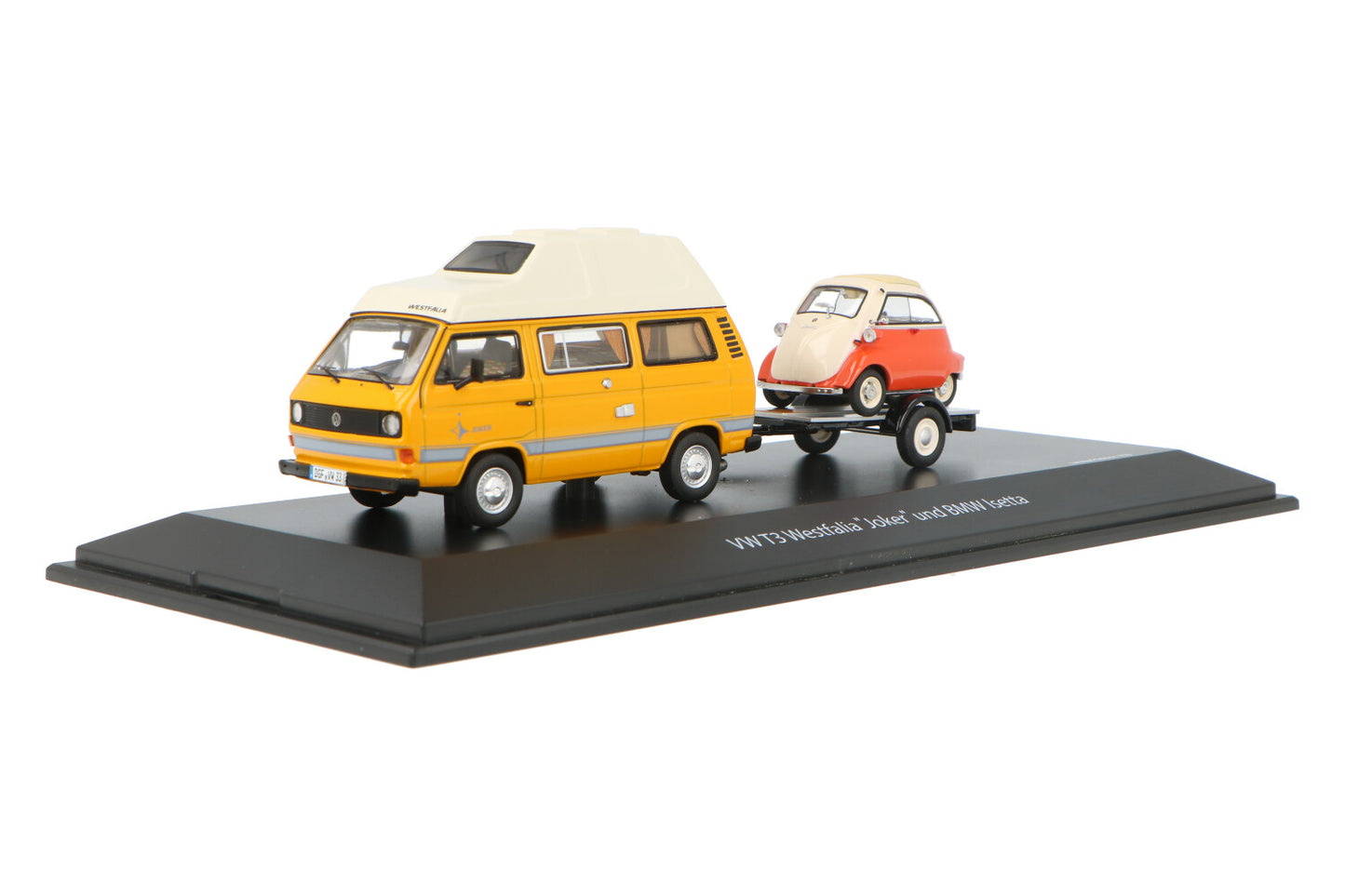 Schuco 1:43 Volkswagen T3 Joker camping bus with trailer and BMW Isetta 450330300