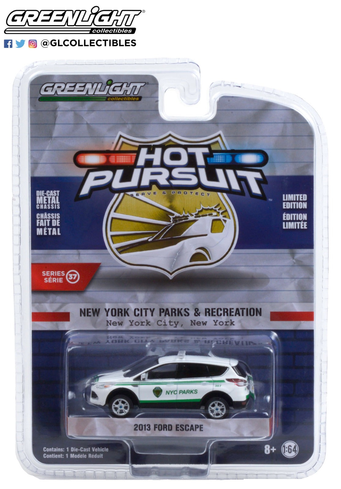 GreenLight 1:64 Hot Pursuit Series 37 - 2013 Ford Escape - New York City Department of Parks & Recreation NYC Parks 42950-D