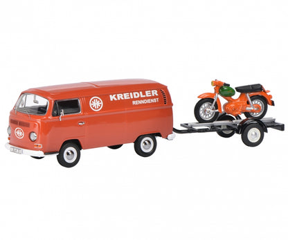 Schuco 1:43 Volkswagen T2a Kreidler-Service box van with bike trailer and Kreidler Florett 450334000